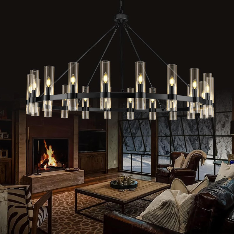 Luminaire suspendu rond à 20 lumières de 60 po à large roulette pour salon, Noir mat