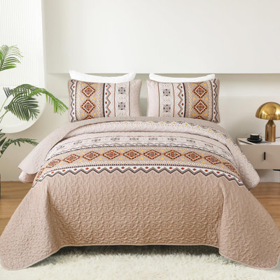 3 Pieces Boho Geometry Printed Quilt Set Soft Bohemian All-Season Bedding Coverlet Set