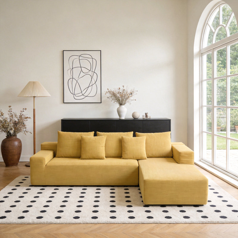 L-Shaped Corduroy Sofa With Chaise – Yellow Frameless Floor Couch, 102.36" X 66.93", Includes Pillows – Ideal For Living Room