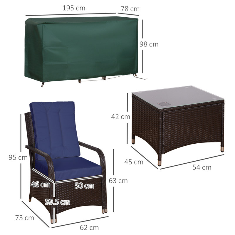 Outsunny 3 Pieces Rattan Garden Bistro Set with Furniture Cover Dark Blue