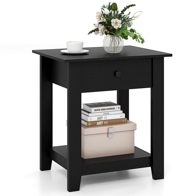 1 PCS Nightstand with Drawer 3-Tier Modern Bedside Table with Open Shelf Storage for Bedroom Black, Black, Individual