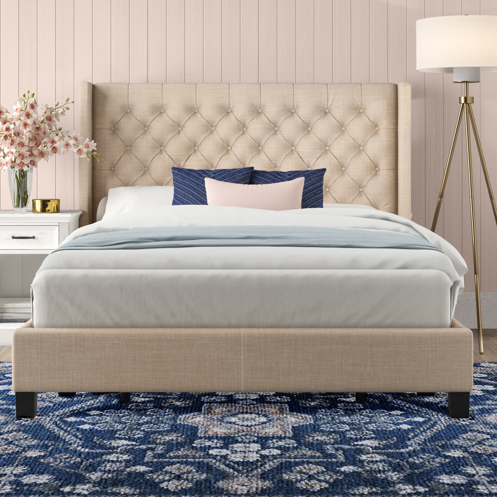 Kaster Linen Upholstered Wingback Bed, Heathered Beige Linen, Full/Double