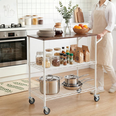 35" Rolling Kitchen Cart with Wood Top, 3 Tier Metal Shelf Serving Cart on Wheels with 10 Hooks and Lockable Casters, Kitchen Utility Cart