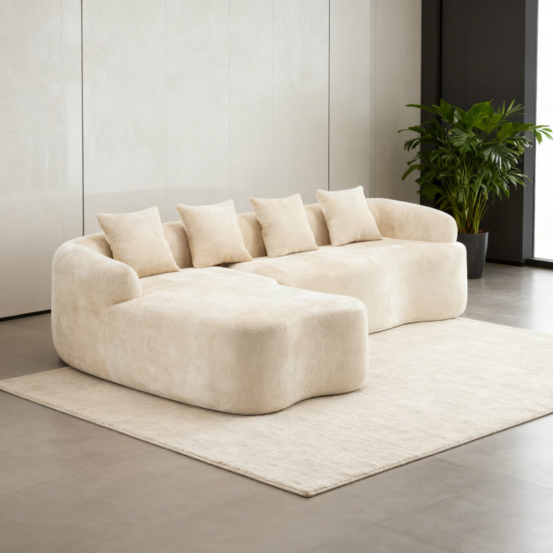 Canapé modulaire en L à compression complète avec méridienne incurvée, canapé modulaire en chenille beige, haute densité pour le salon en appartement