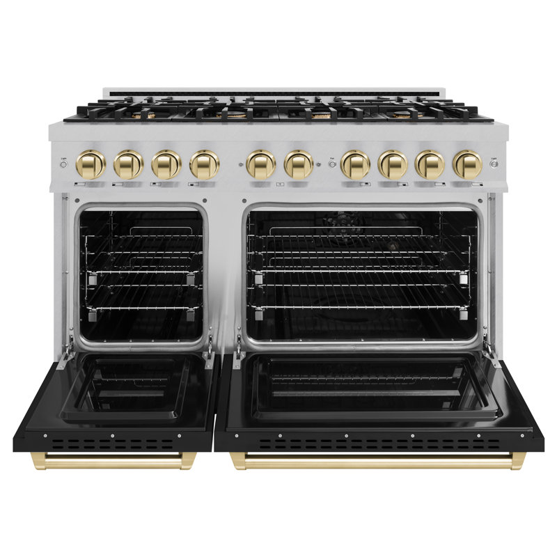 ZLINE Autograph 48" Classic Double Oven Dual Fuel Range w/ Champagne Bronze Accents, Black Matte/Satin Stainless Steel, Gold