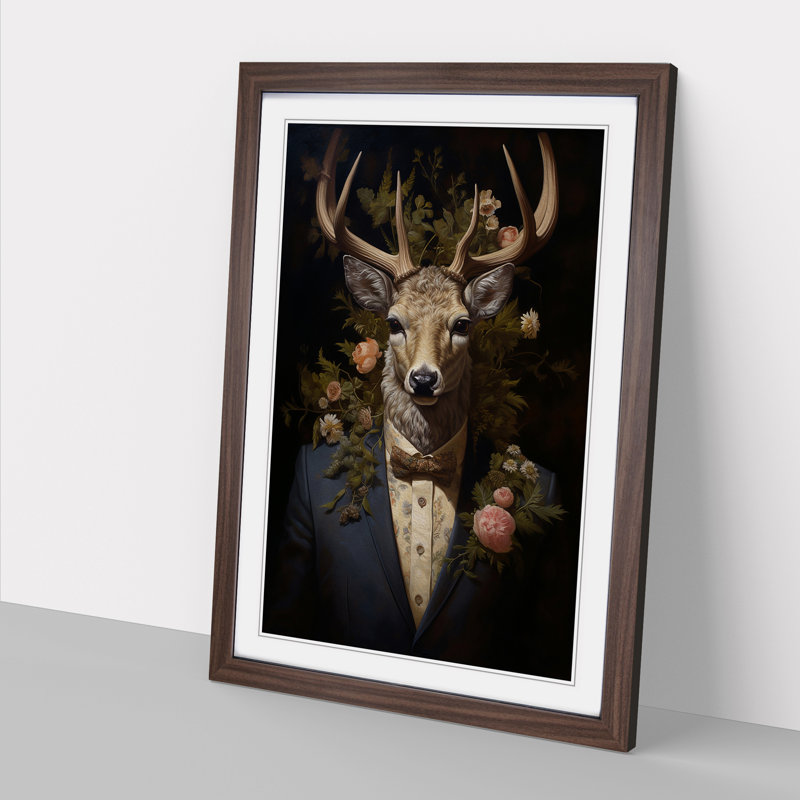 Stag Baroque No.2 - Single Picture Frame Print on Wood, Walnut Framed, 34cm H x 25cm W x 2cm D