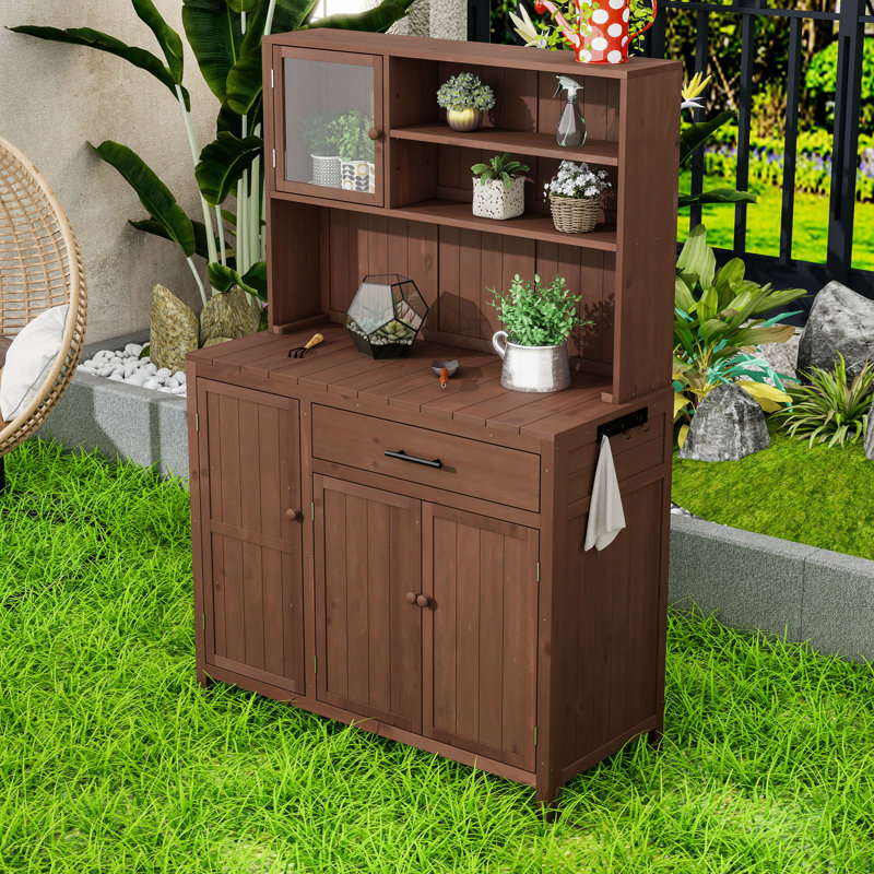 Banc de rempotage en bois de sapin massif 65 "avec huche, tablettes réglables, tiroir, support à épices et crochets, Brun