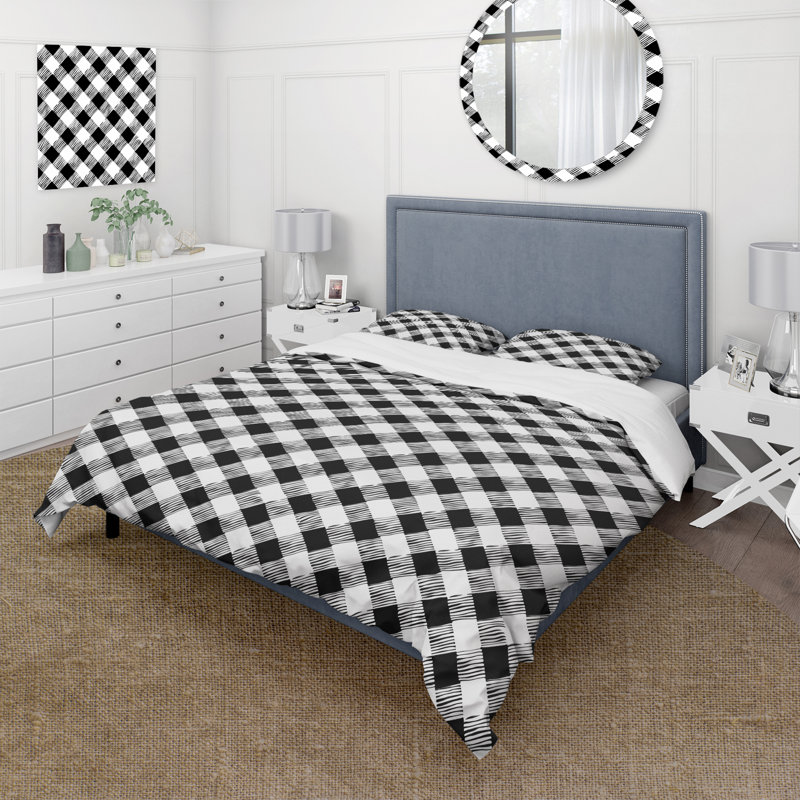 Ensemble de housse de couette traditionnel noir et blanc à imprimé vichy III