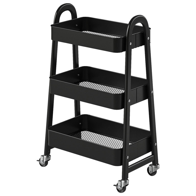 3-Tier Rolling Utility Cart with Locking Wheels, Metal Storage Organizer, Black