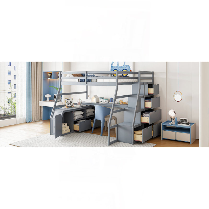 Lit mezzanine double avec 7 tiroirs, 2 tablettes et bureau - Gris, Gris