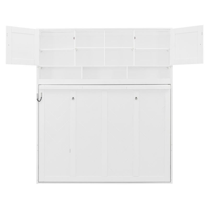 Grand lit escamotable mural avec rangement et chevron rayé, lit pliant blanc peu encombrant
