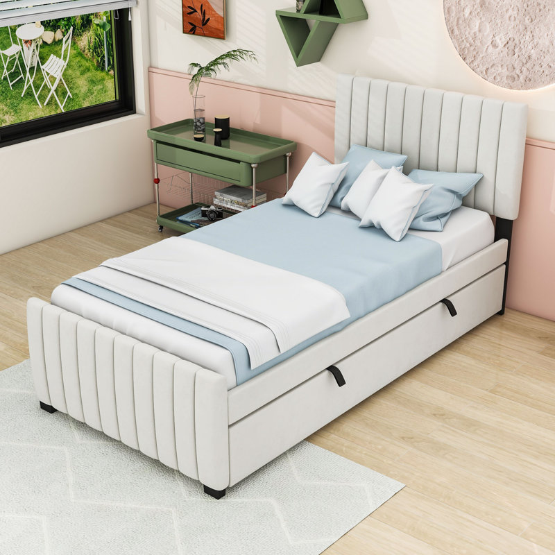 Knotts Twin Upholstered Platform Bed with Headboard and Twin Trundle, Beige