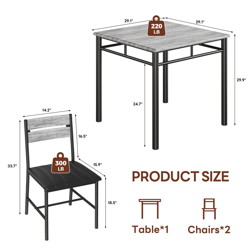 3 Piece Dining Table Set for 2 with Upholstered Chairs - Perfect for Small Spaces, Gray, Gray