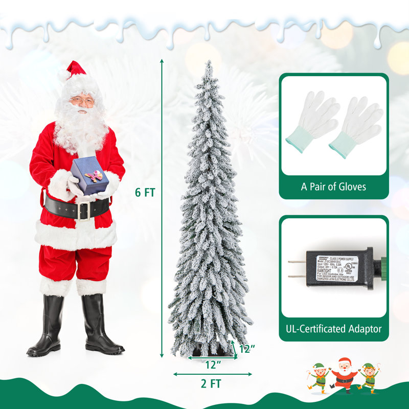 6 pi Arbre de Noël mince floqué avec lumière, H 6 pi