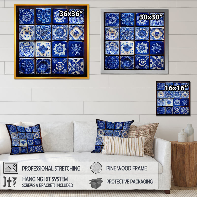 Boho Turkish Blue Tiles 3 - Boho Tiles Wall Art, 36" H x 36" W, Gold
