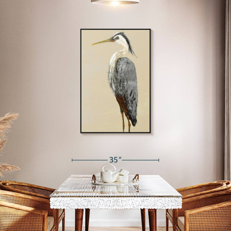 Héron sur fond brun clair II, Cadre flottant noir, 29 po x 43 po