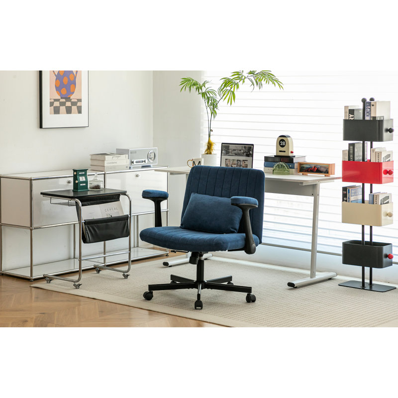 Modern Criss Cross Armrest Office Chair Ergonomic Linen Upholstery with Adjustable Height & Swivel, Blue