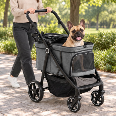 BELNEST Pet Stroller with Adjustable Handle for Dogs & Cats Up to 66 lb, One-Click Folding Dog Stroller with Storage Basket, Gray