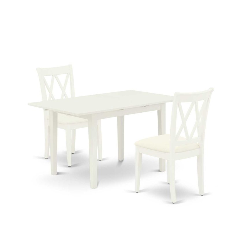 Ensemble de table de salle à manger 3 pièces à plateau rectangulaire en bois massif avec finition papillon, Blanc