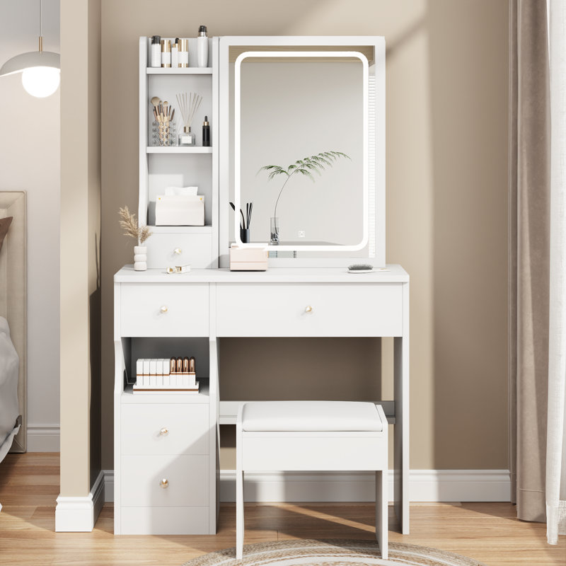 Table de coiffeuse de maquillage avec tiroir à gauche et lumières DEL et tabouret, White