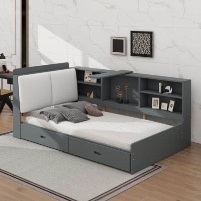 Wooden Twin-Size Platform Bed With Headboard Storage, Shelving Compartments, And Two Integrated Drawers