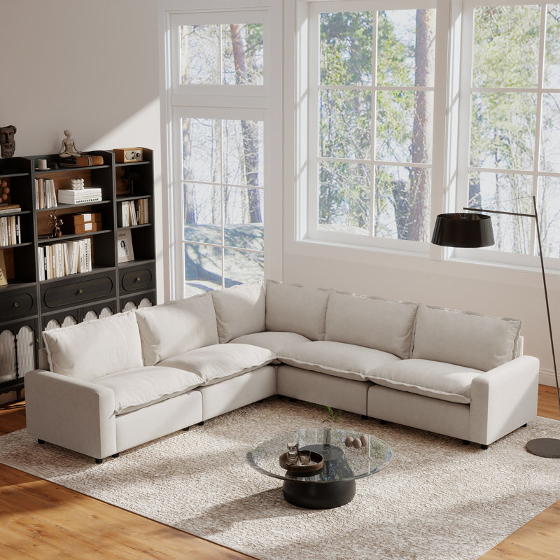 5-Piece Upholstered Modular Linen Fabric Sectional, Beige Linen