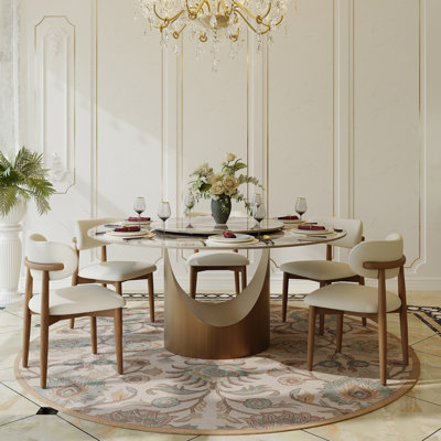 Modern Round Dining Table, Sintered Stone Tabletop With Lazy Susan, Carbon Steel Base Pre-Assembly