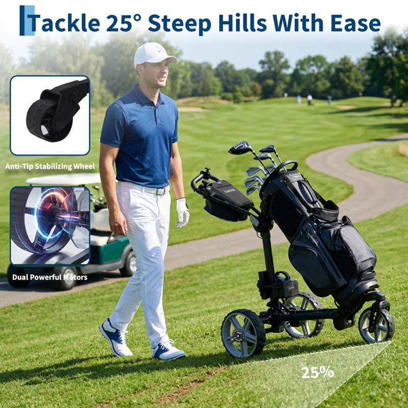 Chariot de golf électrique avec télécommande, batterie lithium 265 Wh, portée de 27 trous, double moteur, capacité de franchissement de pentes jusqu'à 25°, étanchéité IP55, capacité de charge de 32 kg, chariot de golf pliable