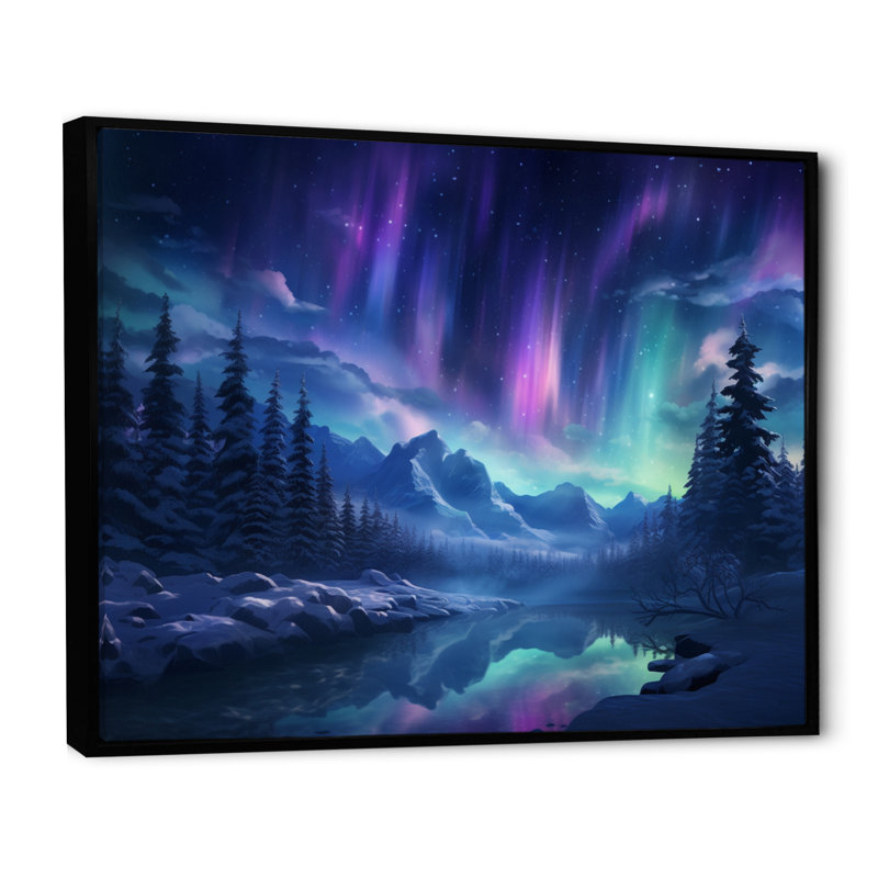 Northern Lights I - aurore boréale, art mural pour le salon, H 24 po x l 32 po x P 1 po, Cadre flottant noir