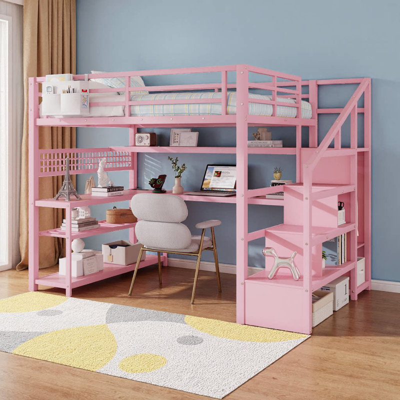 Lit mezzanine pour lit double avec rangement pour escalier AVELOR, bureau intégré en L, garde-robe et ensemble d'éclairage à DEL - espace de travail et garde-robe inclus