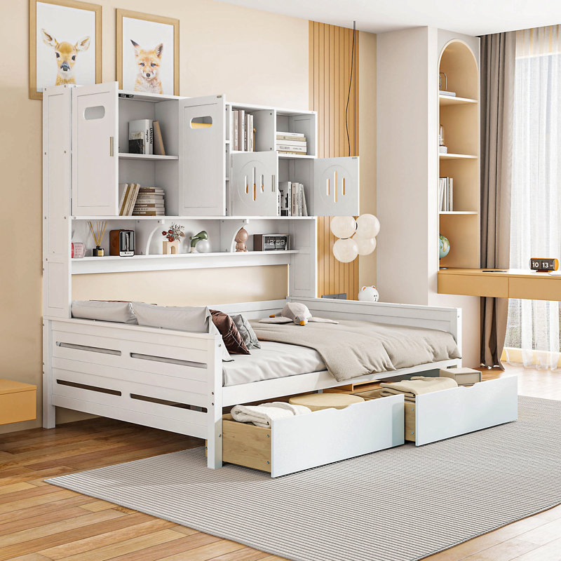 Wooden Daybed With 2 Drawers, And All-In-One Cabinet And Shelf, Full/Double, White