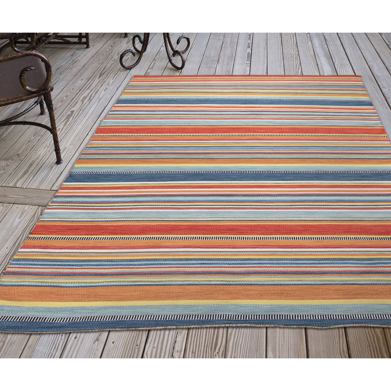 Tapis orange / bleu en polyester tissé à la main Alanas, Rectangle 7 pi 6 po x 9 pi 6 po