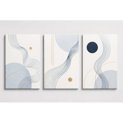 Grand ensemble de 3 lignes abstraites murales bleues de couleur dorée, impression sur toile minimaliste, décor contemporain pour bureau de chambre à coucher, impression sur toile 16 x 24 pouces - prête à être accrochée