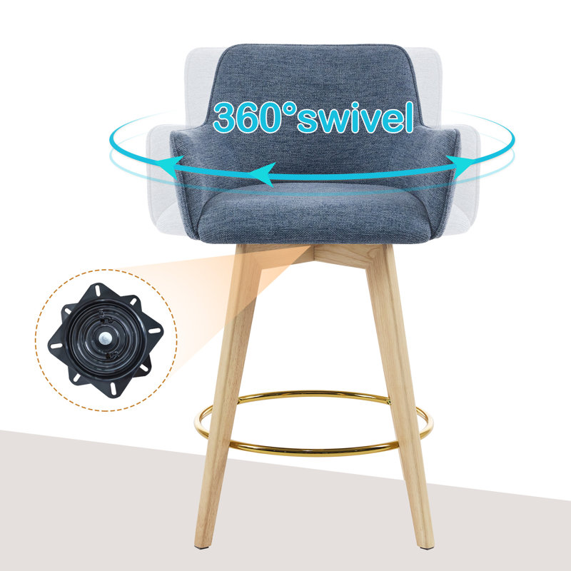 Lovetro Swivel Full Back Arms Upholstered 25.8"H Counter Stool with Solid Rubberwood Frame and Gold Footrest