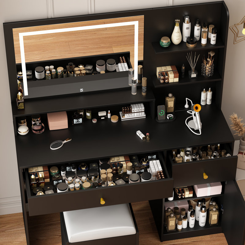 Ensemble de coiffeuse avec lumières DEL, tabouret et station de charge rapide, Noir, noir, noir, noir