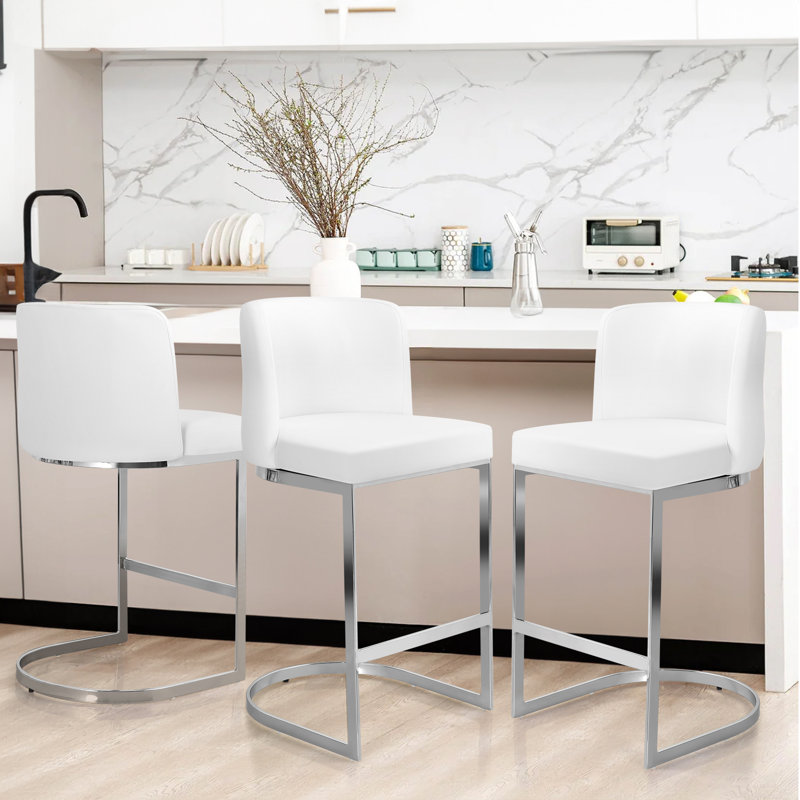Bittencourt 26'' Upholstered Counter Stool, Faux Leather-White, 1