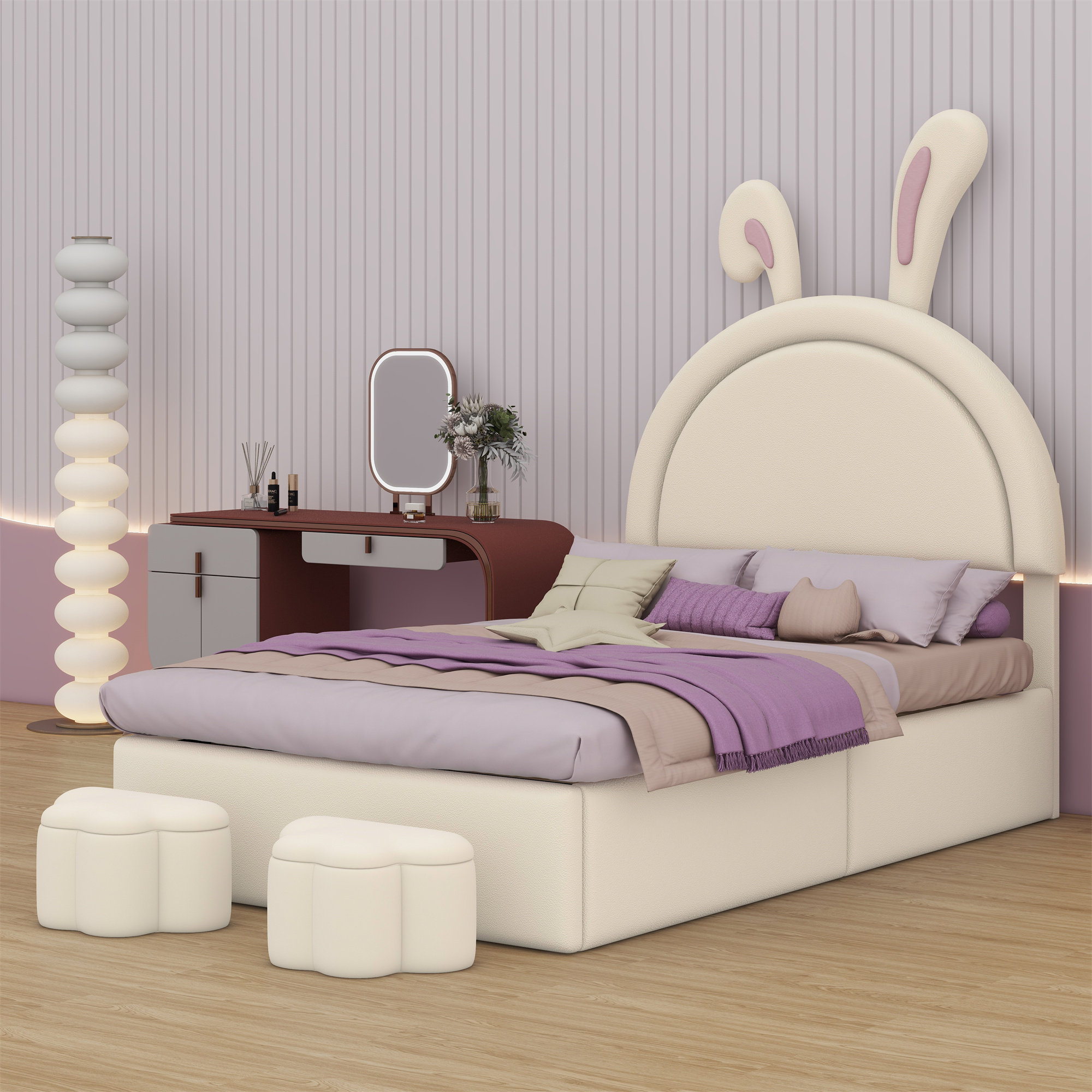 Zoomie Kids Upholstered Rabbit-Shape Bed With 2 Storage Stools ...