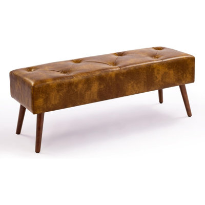 Faux Leather Bench Ottoman, Tufted Button Bedroom Benches Footrest Stool In Solid Wood Legs, Long And Dining Bench, Indoor Bench For Entryway Living Room Bedroom (Leather)