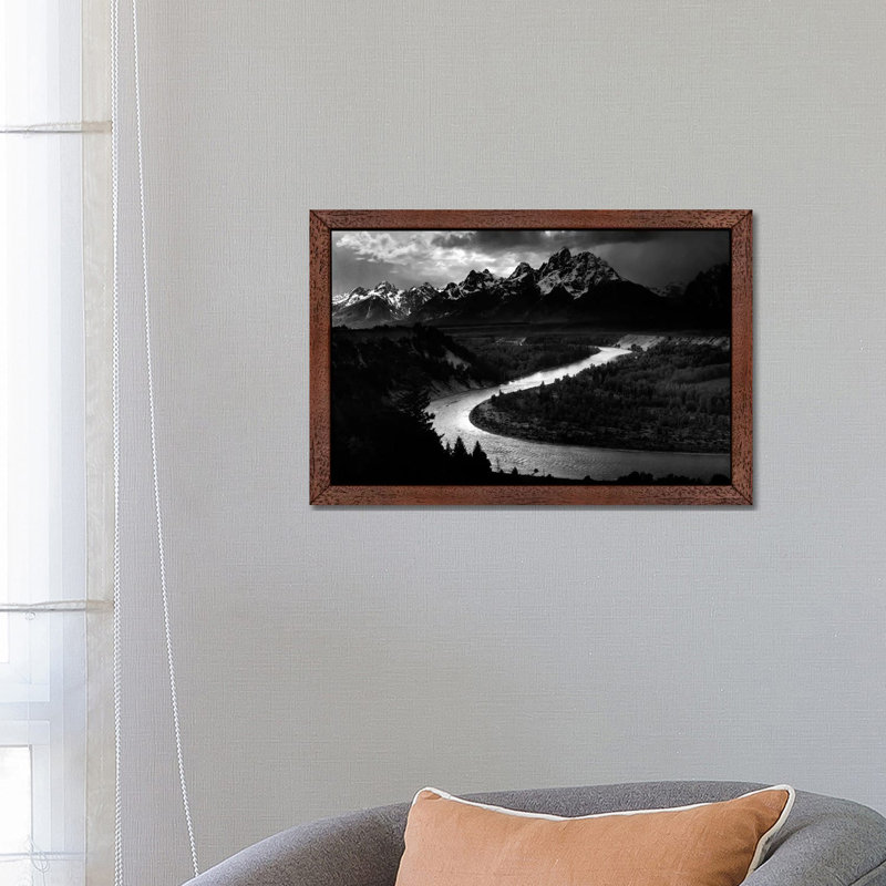 The Tetons - Snake River by Ansel Adams - Floater Frame Print on Canvas, 101.6 cm H x 66.04 cm W, Brown Framed