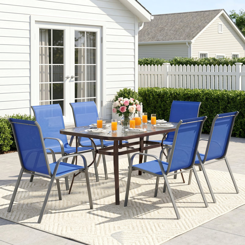 Patio Dining Set For 6, Outdoor Table And Chairs With 1.69'' Umbrella Hole, All Weather Patio Furniture Set, 30"X 55" Table And Stackable Pvc-Coated Polyester Chair, For Lawn, Deck (Umbrella Not Included)(Brown Table & Navy Blue Chairs )