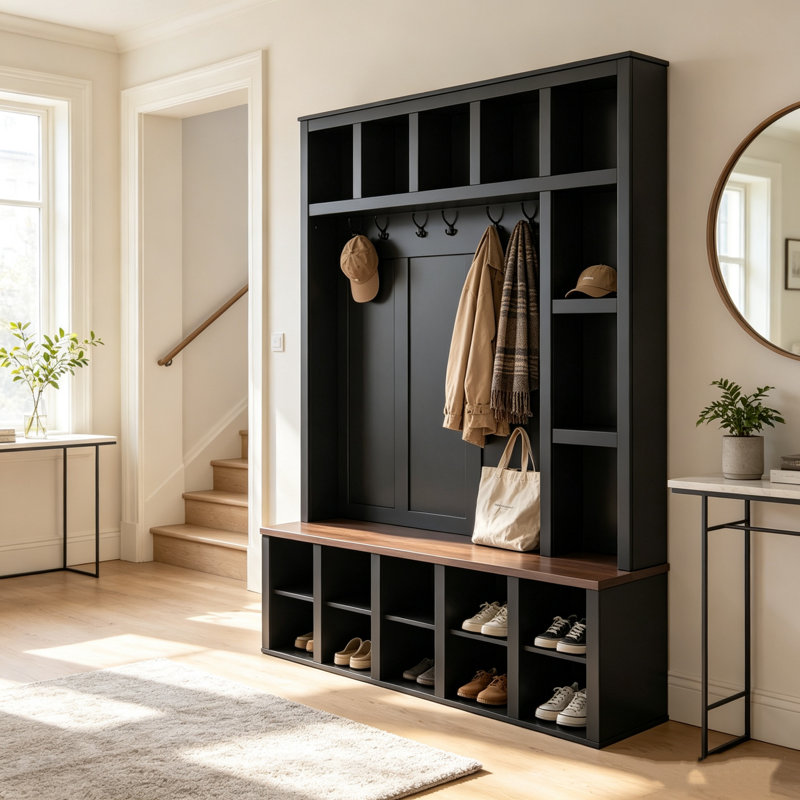 Porte-manteau de style champêtre en bois avec 6 crochets, banc de rangement en noyer, étagères réglables, meuble à chaussures 4 en 1 avec casiers pour entrée, vestiaire ou salon, noir, hauteur 195 cm