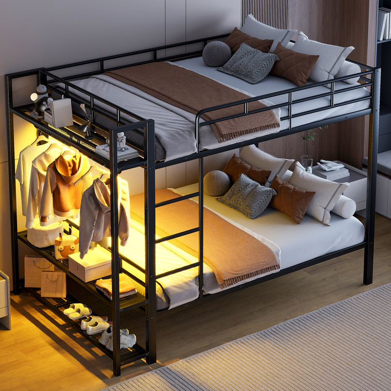 Bunk Bed With Clothes Tree And LED Lights, Black, Full Over Full