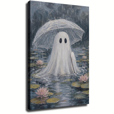 Impression sur toile d'une peinture à l'huile vintage, représentant un adorable fantôme tenant un parapluie transparent dans un étang de lotus pluvieux. Décoration murale gothique d'Halloween pour la maison.