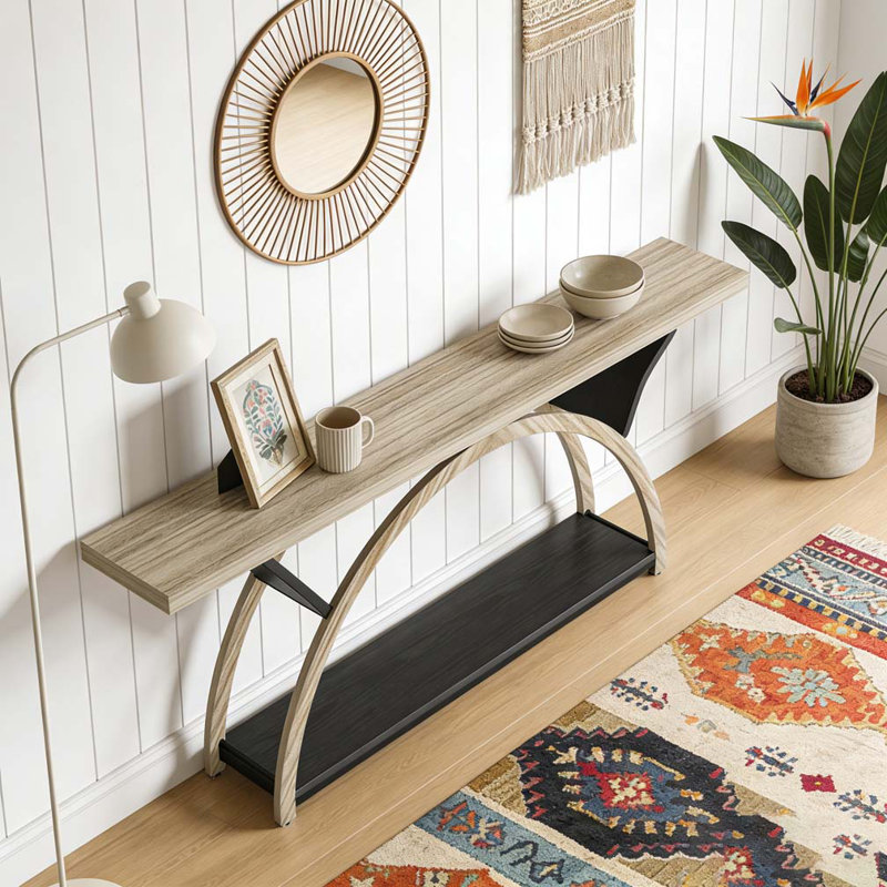 2-Tier Console Table Entryway Table with Half Moon Frame, Gray & Black