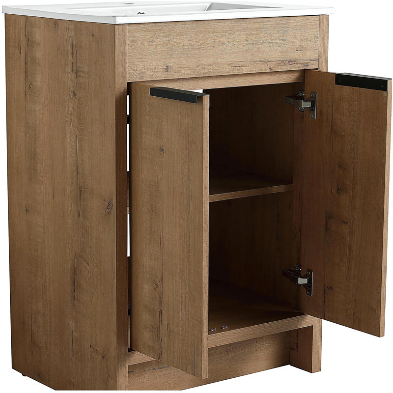 Coiffeuse autoportante de 24 po avec bol en céramique blanche et 2 portes d'armoire à fermeture en douceur, Imitation chêne