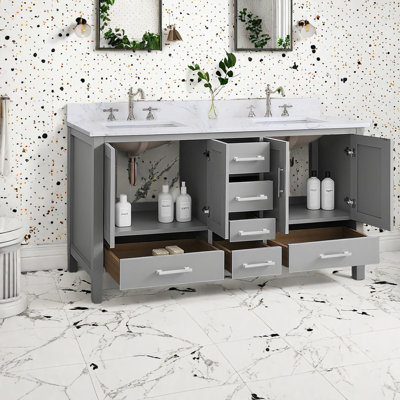 Modern Gray 60'' Vanity Cabinet With Sink, Solid Wood, Spacious Storage