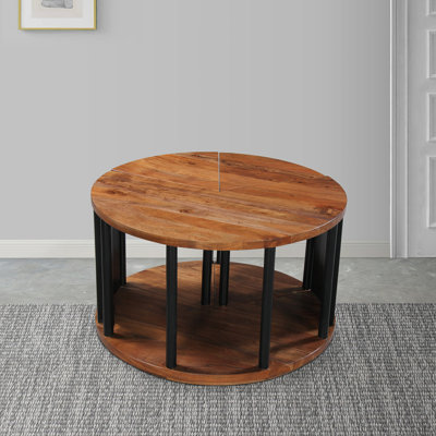 Table basse ronde Jones 30 pouces, bois d'acacia brun naturel fabriqué à la main, 3 pièces en deux