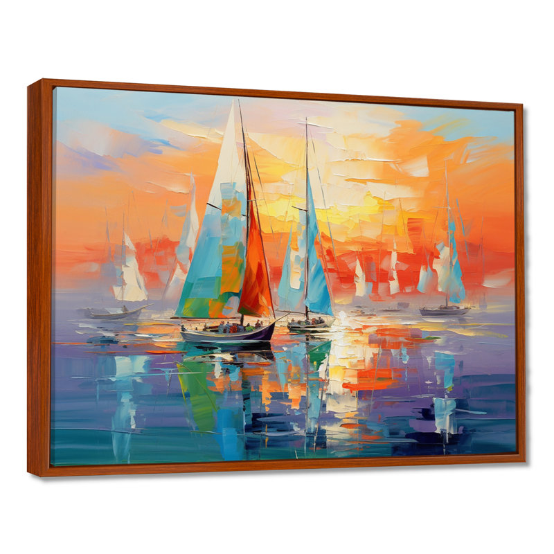 Voilier abstrait Coastal Symphony II - bateau à voile, art mural, H 30 po x l 40 po, Brown Floater Framed