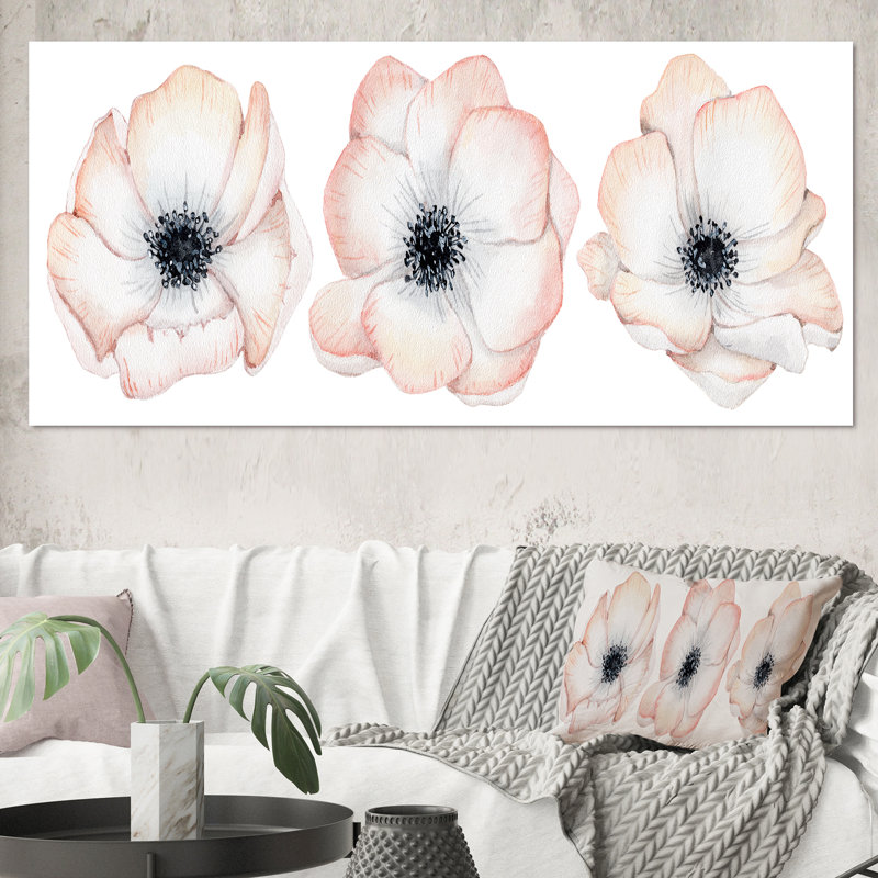 Aquarelle, anémone et fleurs roses - Peinture sur toile, Toile tendue, H 28 po x l 60 po
