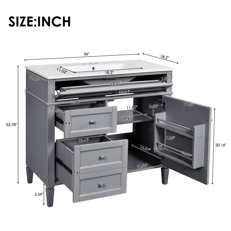 36'' Bathroom Vanity With Top Sink, Argent argent, Gris